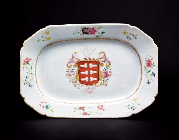 Chinese export porcelain armorial meat dish, arms of mendes da costa